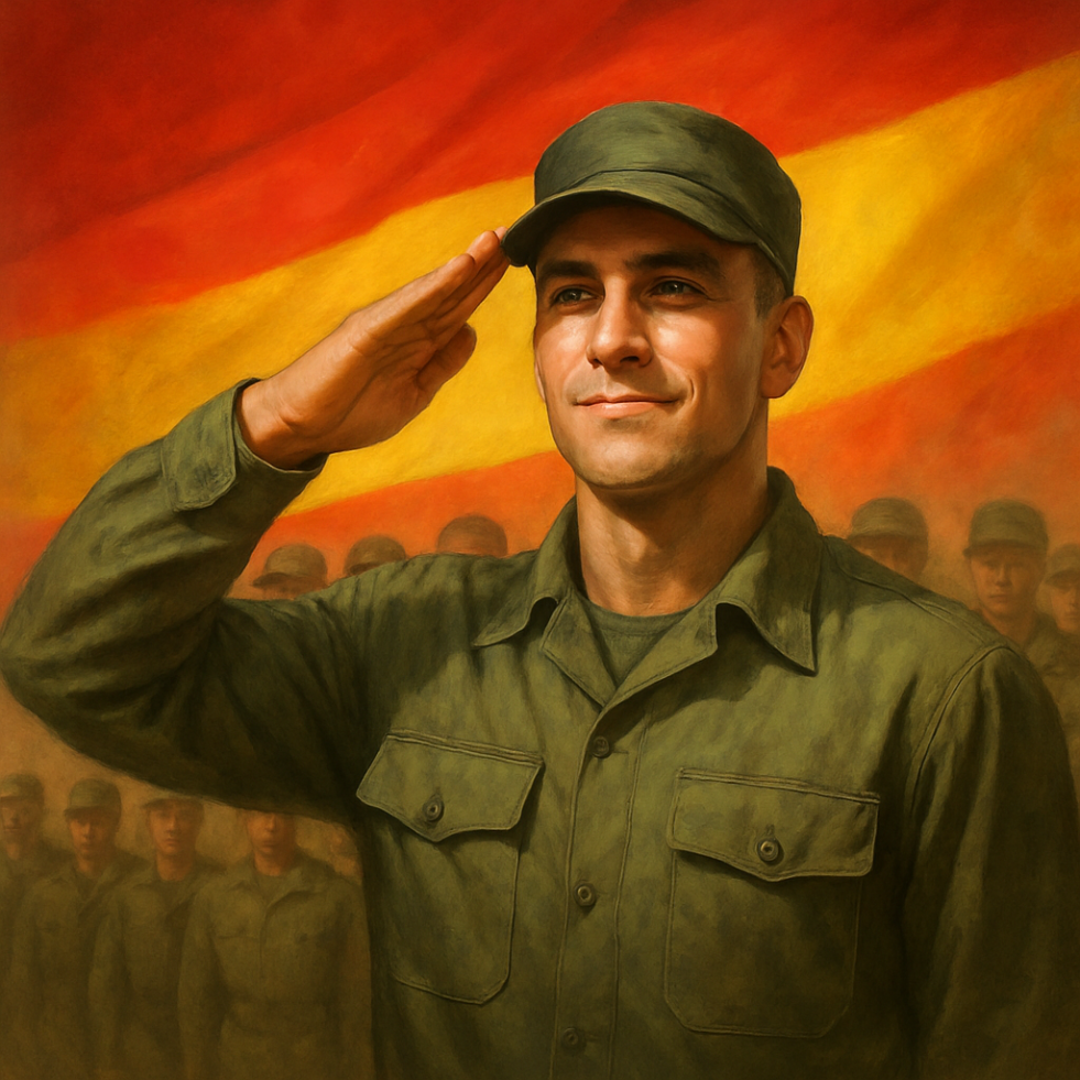 Soldado saluda bajo la bandera
